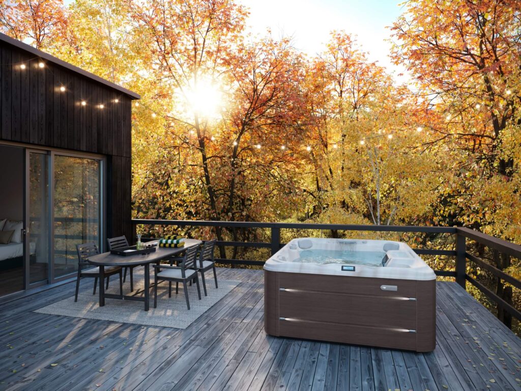 Sundance Spas 780 Series Monclair Travertine Modern Hardwood Autumn